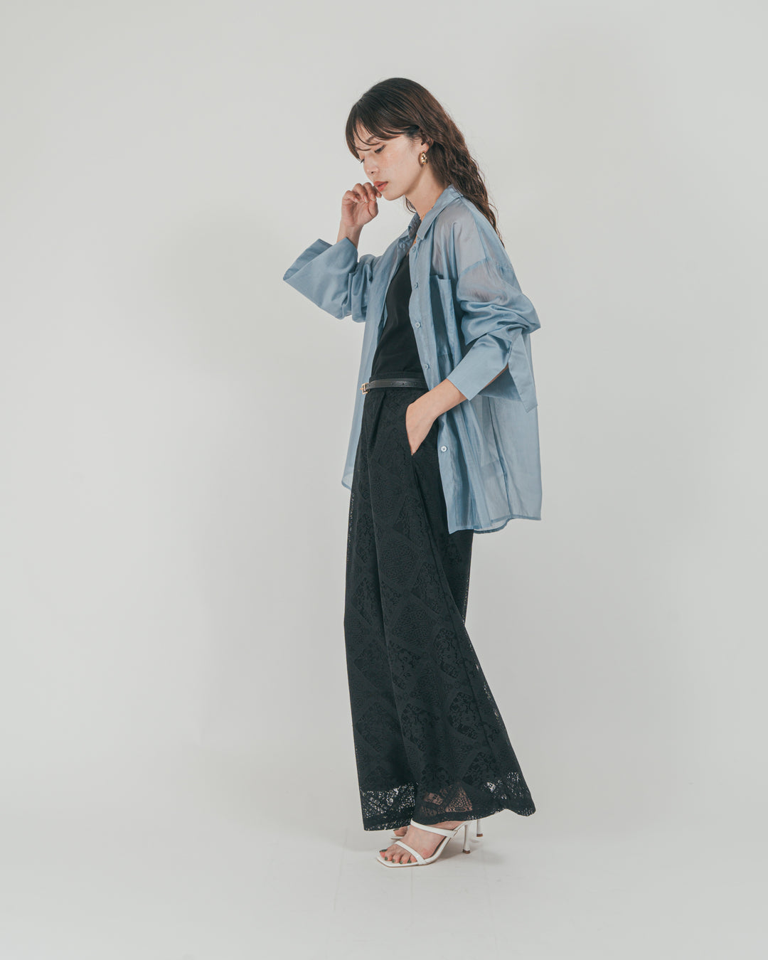 ［SET］Clear Sheer オーバーシャツ + Blockレース　ストレートパンツ（2SET）