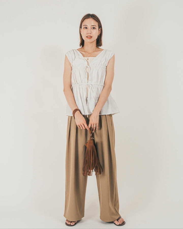 ［SET］リネンタッチShirringリボンブラウス + クレープデシン タックワイドパンツ（2SET）