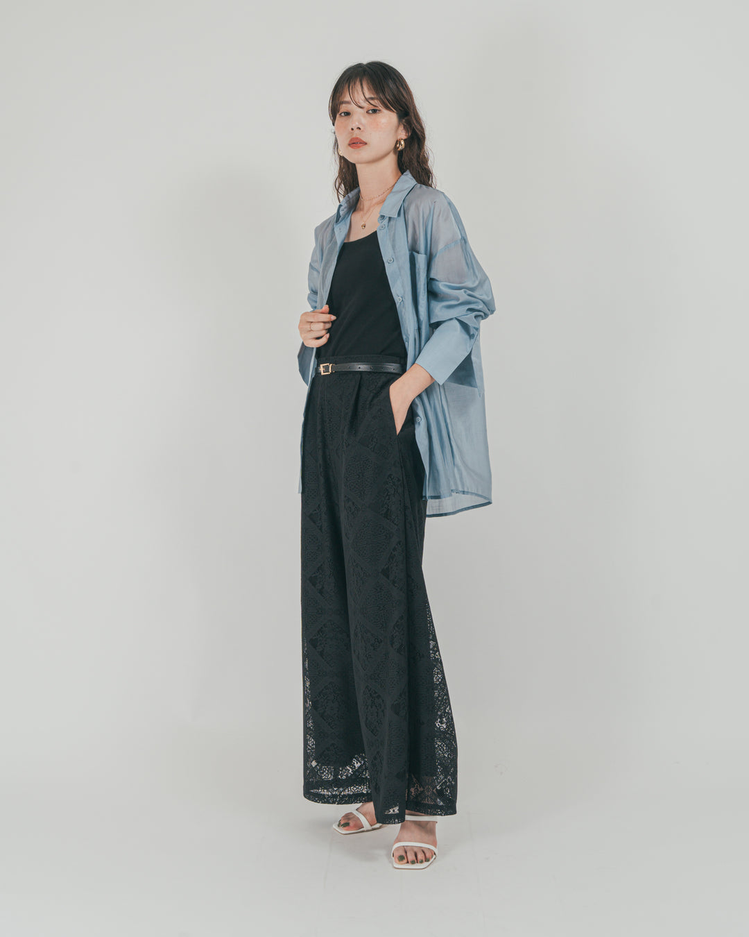 ［SET］Clear Sheer オーバーシャツ + Blockレース　ストレートパンツ（2SET）