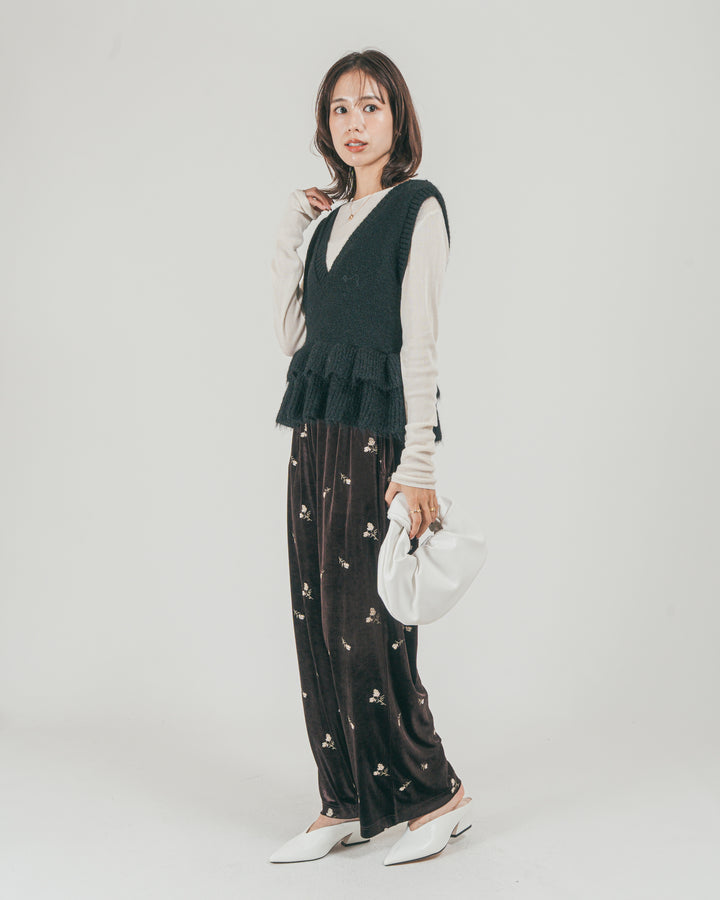 ［SET］2Way モヘアダブルFrillベスト + Flower刺繍 ベロアパンツ（2SET）