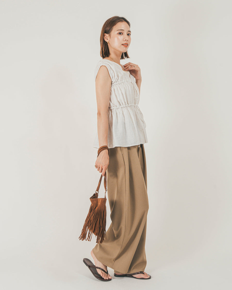 ［SET］リネンタッチShirringリボンブラウス + クレープデシン タックワイドパンツ（2SET）