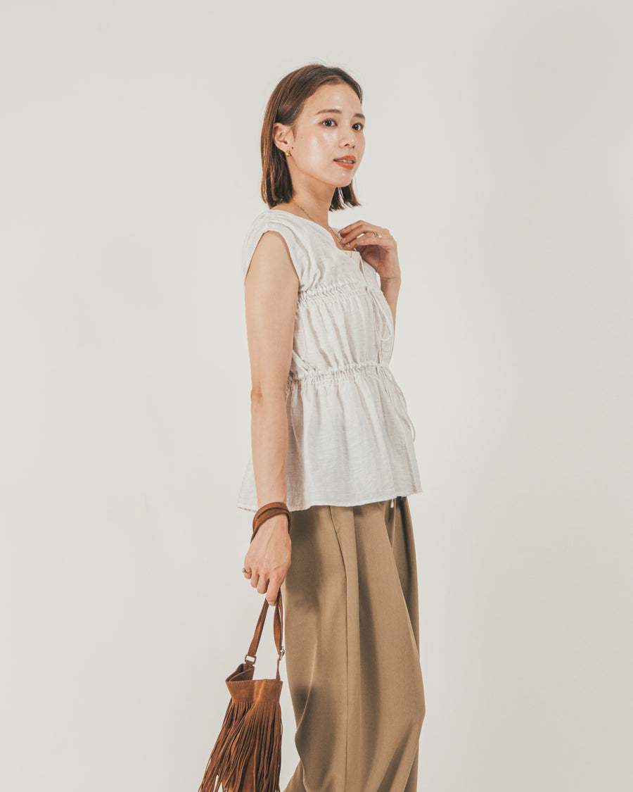 ［SET］リネンタッチShirringリボンブラウス + クレープデシン タックワイドパンツ（2SET）