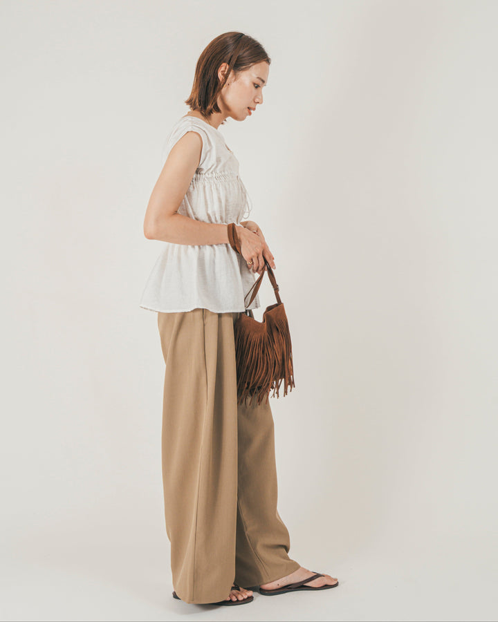 ［SET］リネンタッチShirringリボンブラウス + クレープデシン タックワイドパンツ（2SET）