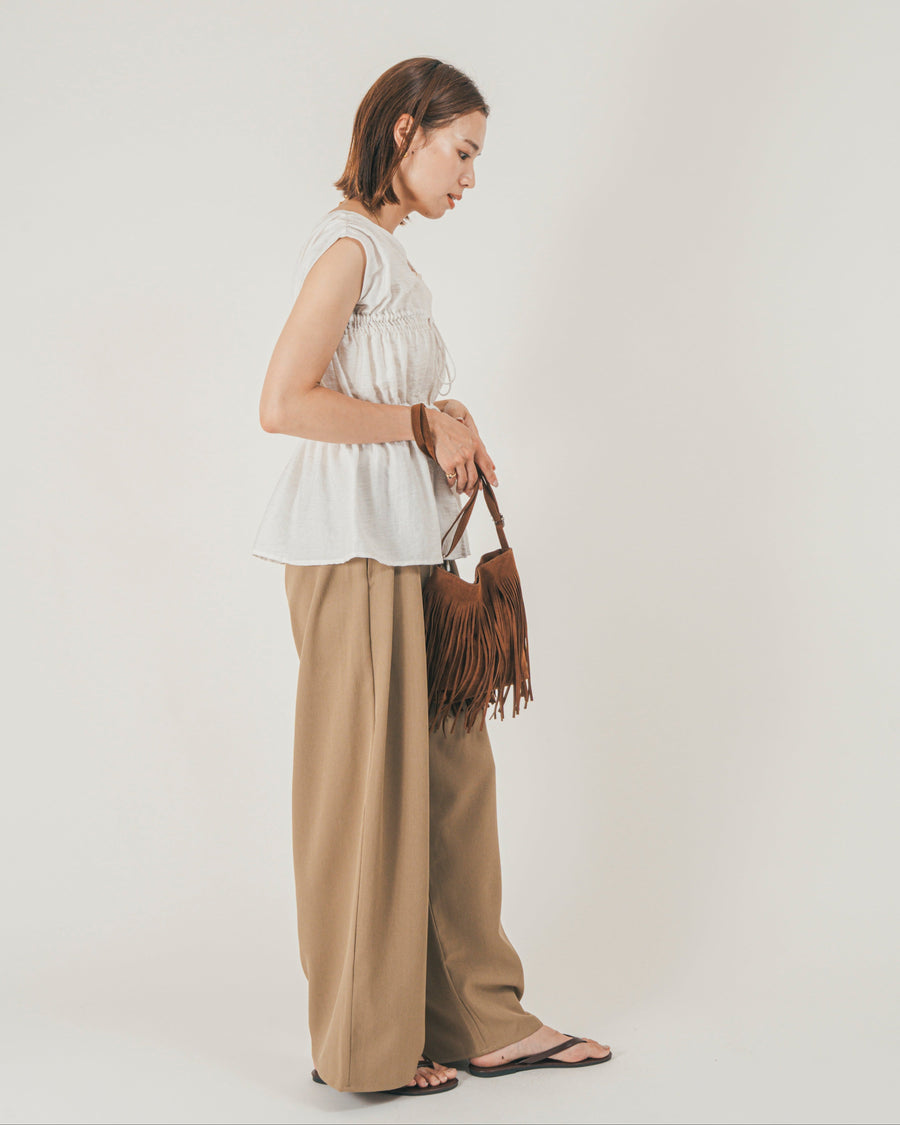 ［SET］リネンタッチShirringリボンブラウス + クレープデシン タックワイドパンツ（2SET）