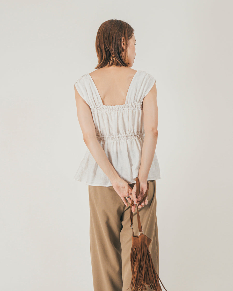 ［SET］リネンタッチShirringリボンブラウス + クレープデシン タックワイドパンツ（2SET）