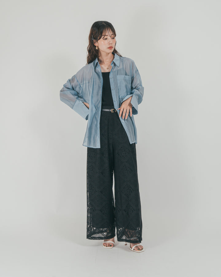［SET］Clear Sheer オーバーシャツ + Blockレース　ストレートパンツ（2SET）