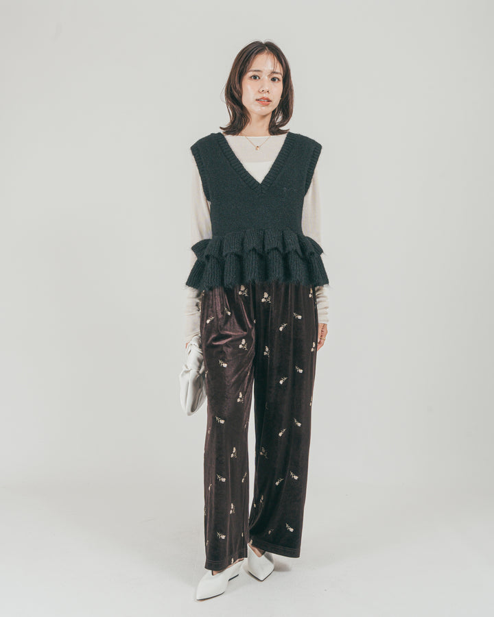 ［SET］2Way モヘアダブルFrillベスト + Flower刺繍 ベロアパンツ（2SET）