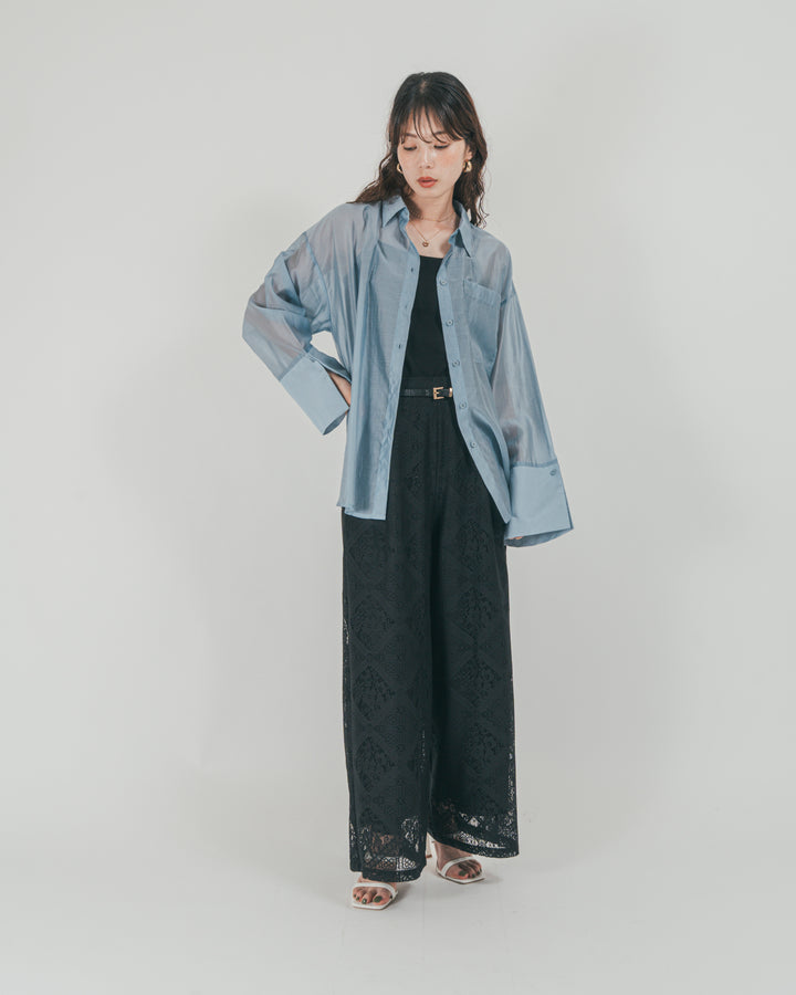 ［SET］Clear Sheer オーバーシャツ + Blockレース　ストレートパンツ（2SET）