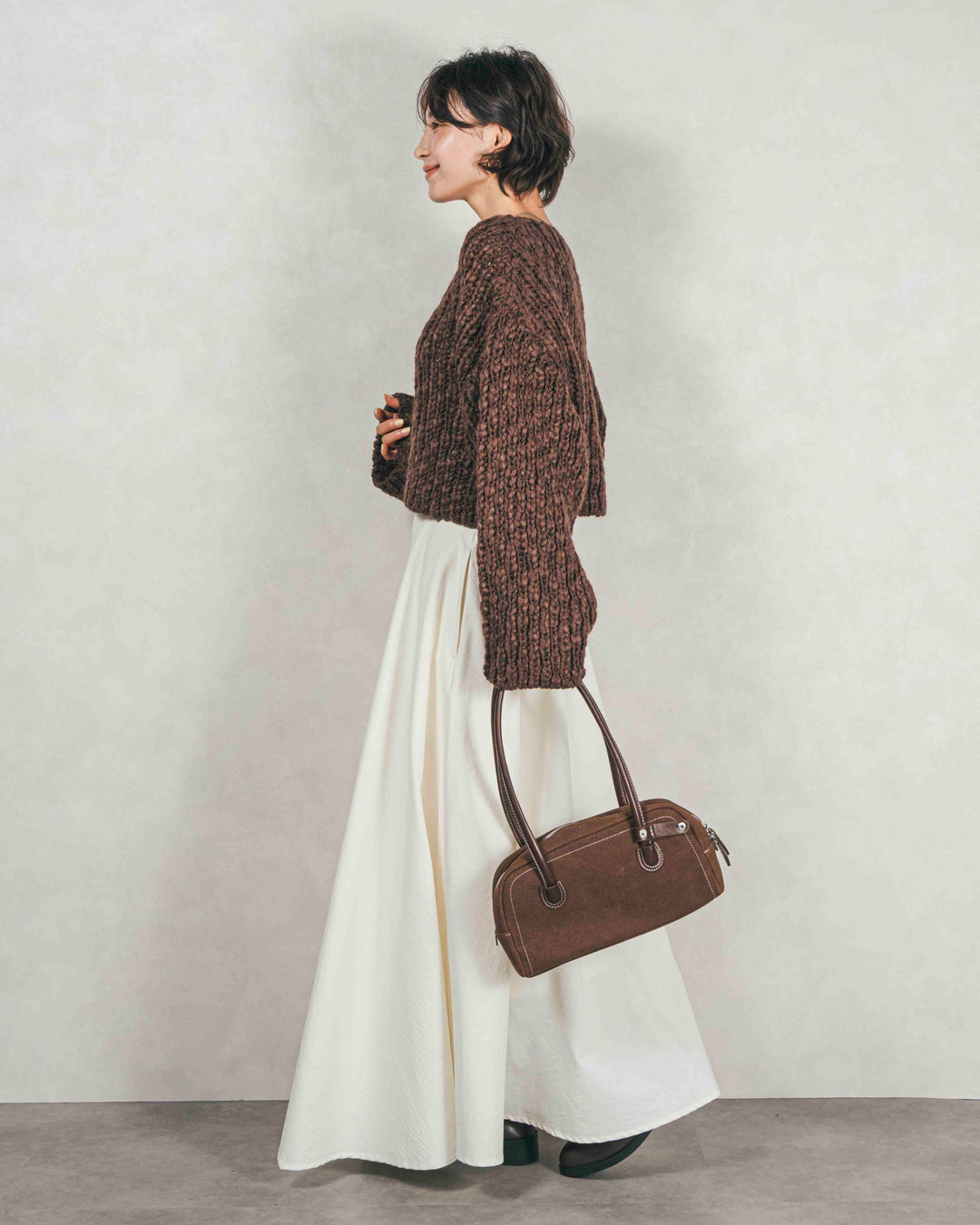 ［SET］ボリュームチャンキースラブ クロップドニット+アシメFlareタックスカート（2SET）