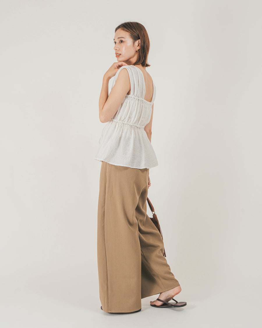 ［SET］リネンタッチShirringリボンブラウス + クレープデシン タックワイドパンツ（2SET）