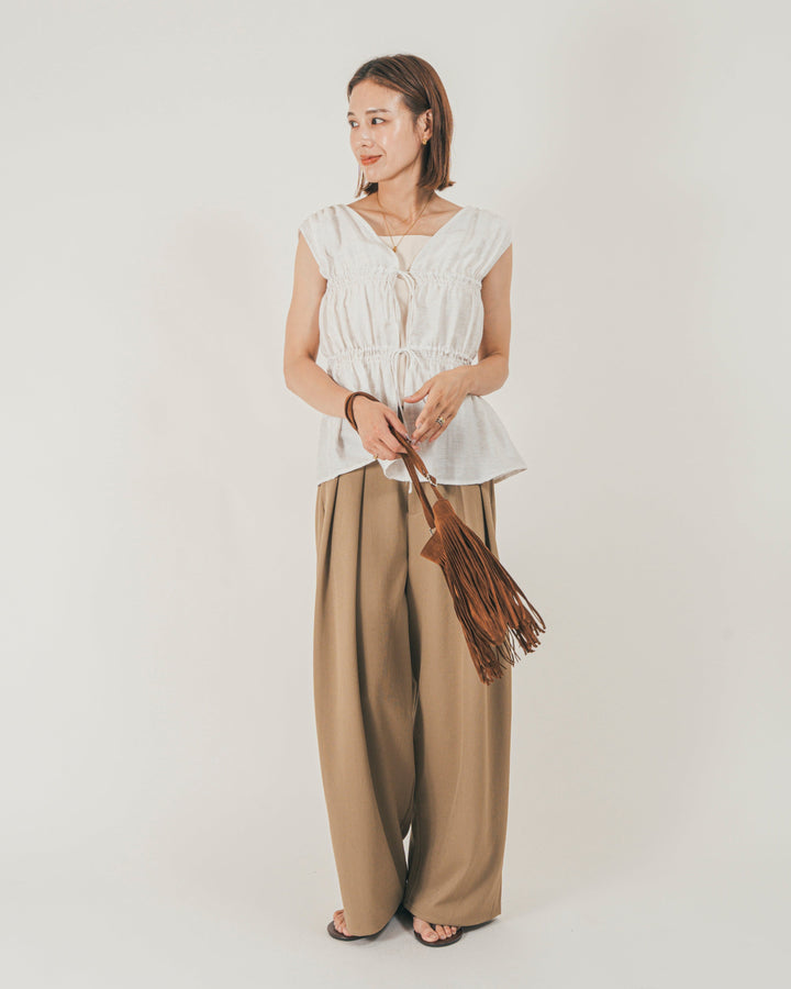 ［SET］リネンタッチShirringリボンブラウス + クレープデシン タックワイドパンツ（2SET）