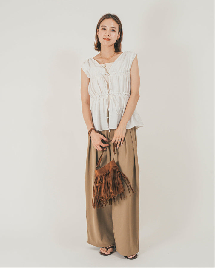 ［SET］リネンタッチShirringリボンブラウス + クレープデシン タックワイドパンツ（2SET）