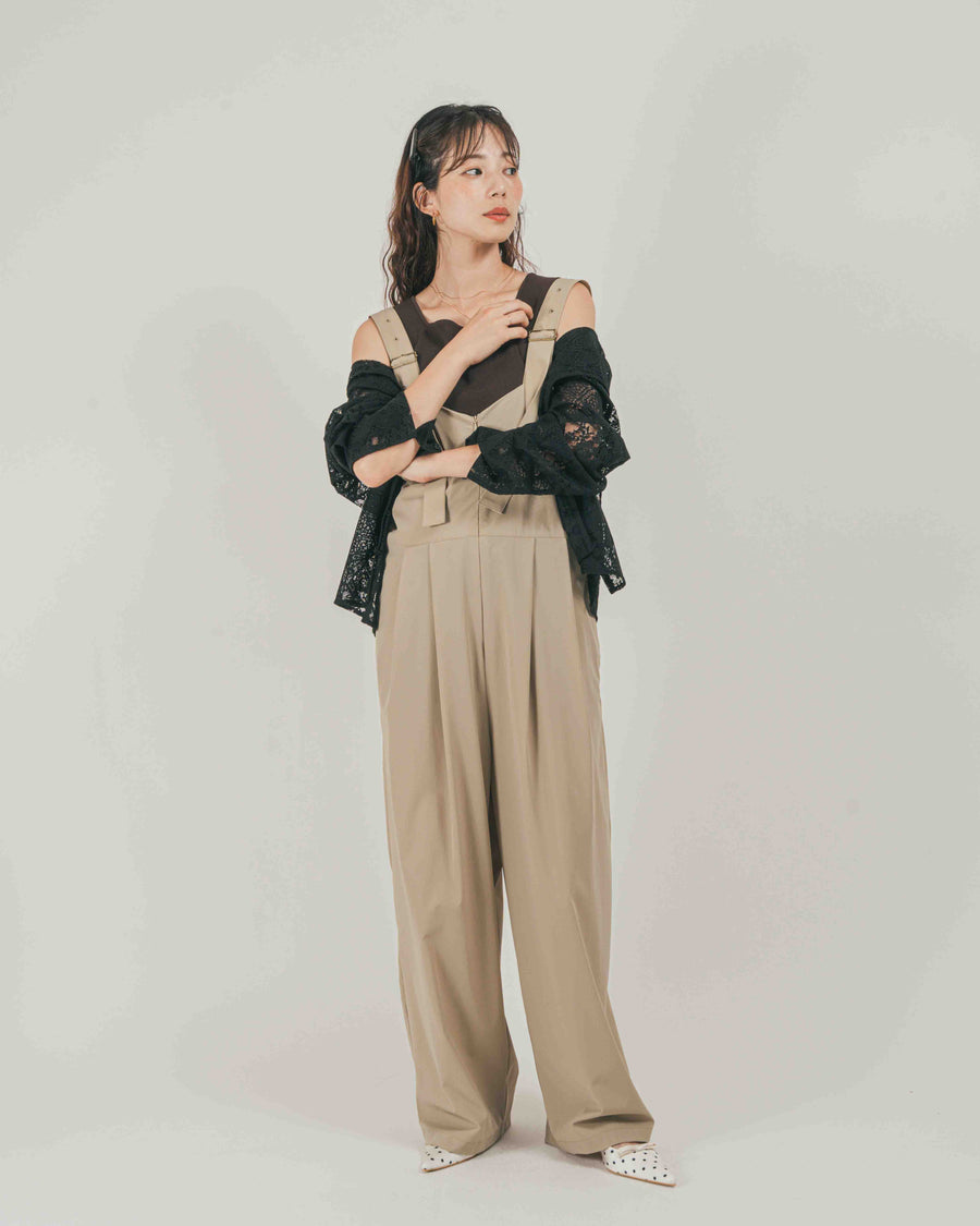 ［SET］【COOL TOUCH】フロントファスナーRelaxサロペ + Blockレース　フーディーブラウス（2SET）