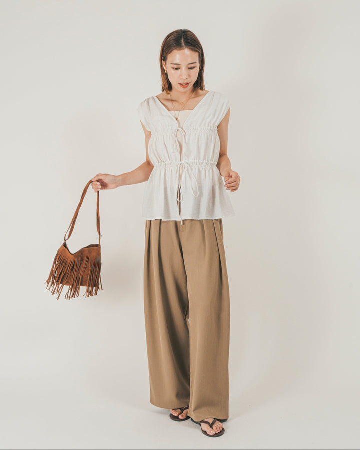 ［SET］リネンタッチShirringリボンブラウス + クレープデシン タックワイドパンツ（2SET）