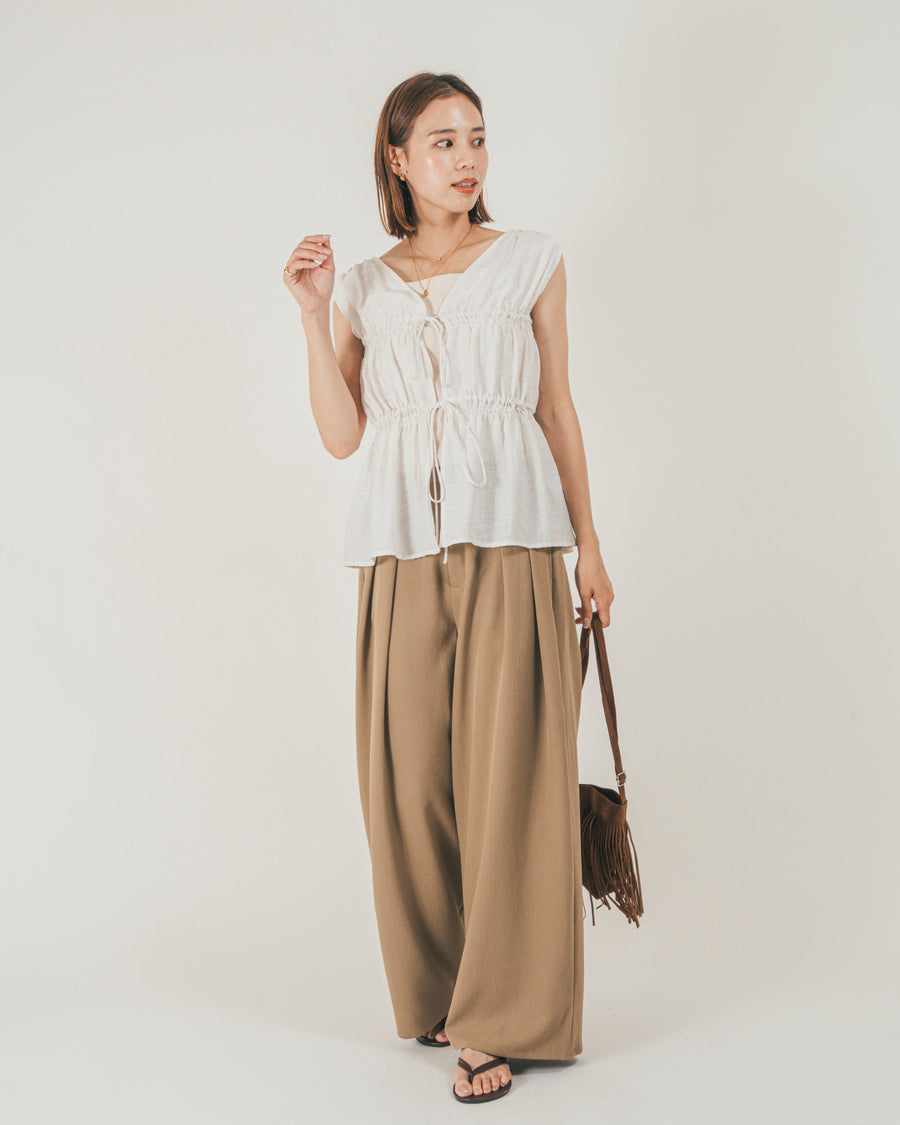［SET］リネンタッチShirringリボンブラウス + クレープデシン タックワイドパンツ（2SET）