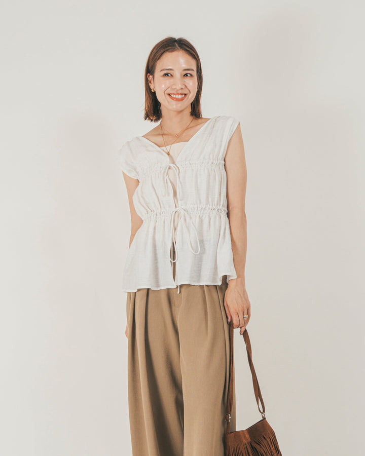 ［SET］リネンタッチShirringリボンブラウス + クレープデシン タックワイドパンツ（2SET）