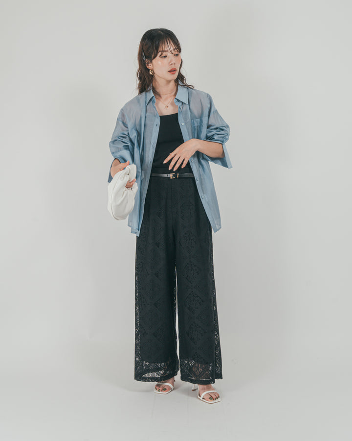 ［SET］Clear Sheer オーバーシャツ + Blockレース　ストレートパンツ（2SET）