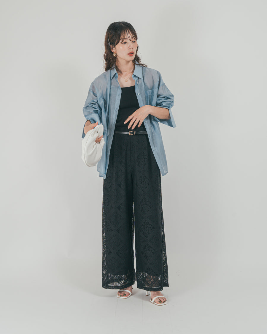 ［SET］Clear Sheer オーバーシャツ + Blockレース　ストレートパンツ（2SET）