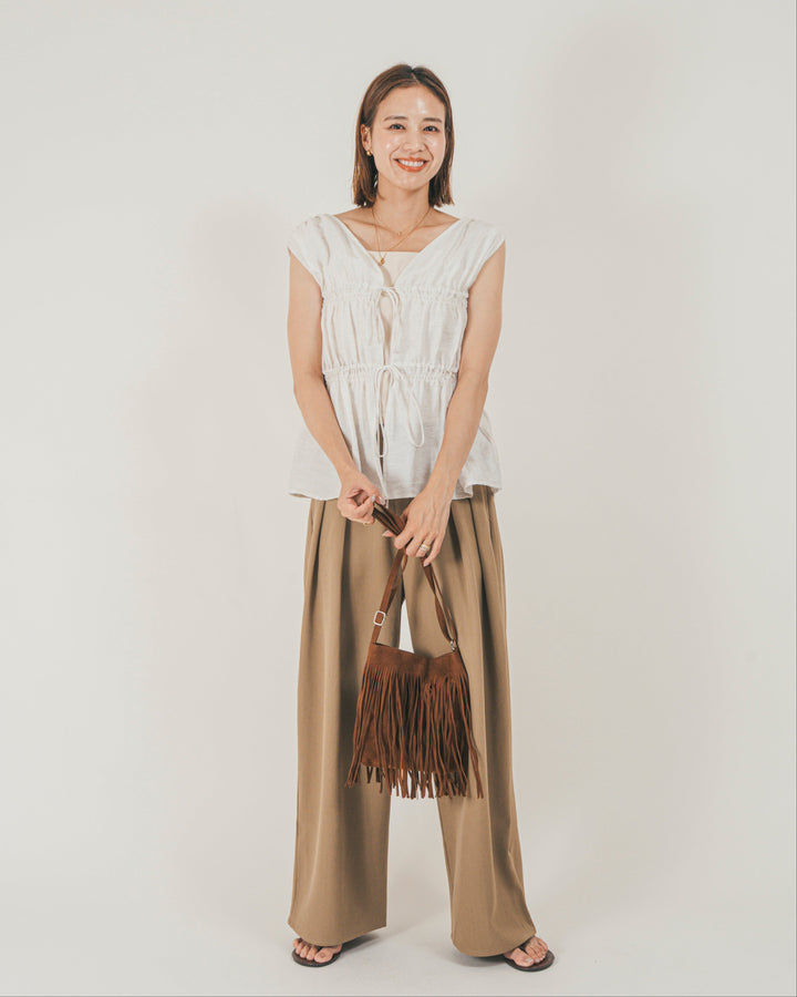 ［SET］リネンタッチShirringリボンブラウス + クレープデシン タックワイドパンツ（2SET）