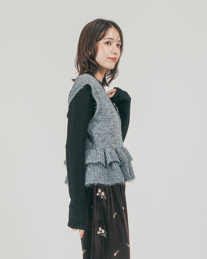 ［SET］2Way モヘアダブルFrillベスト + Flower刺繍 ベロアパンツ（2SET）