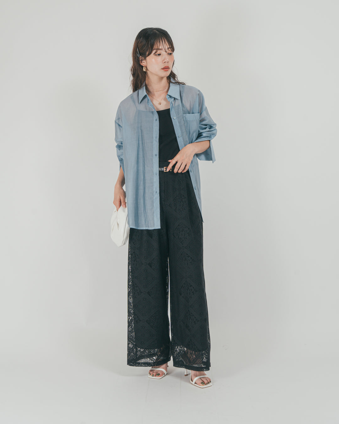 ［SET］Clear Sheer オーバーシャツ + Blockレース　ストレートパンツ（2SET）