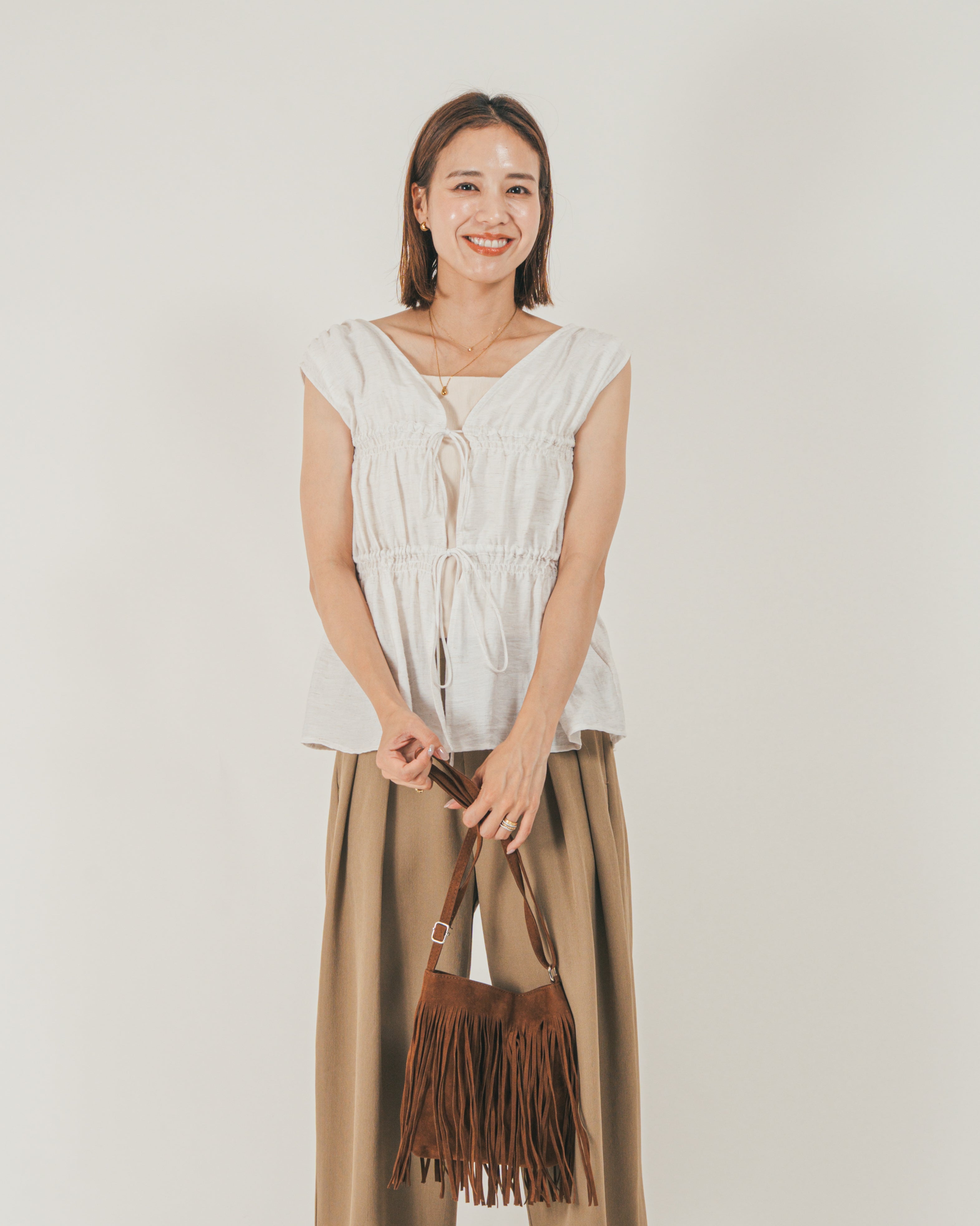 SET］リネンタッチShirringリボンブラウス + クレープデシン タック
