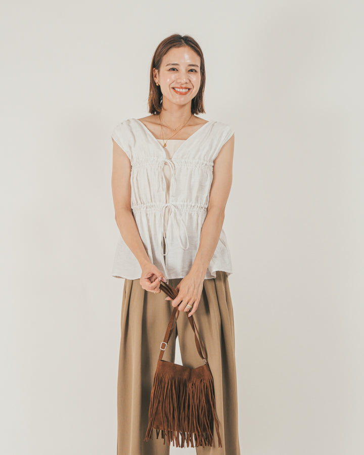 ［SET］リネンタッチShirringリボンブラウス + クレープデシン タックワイドパンツ（2SET）