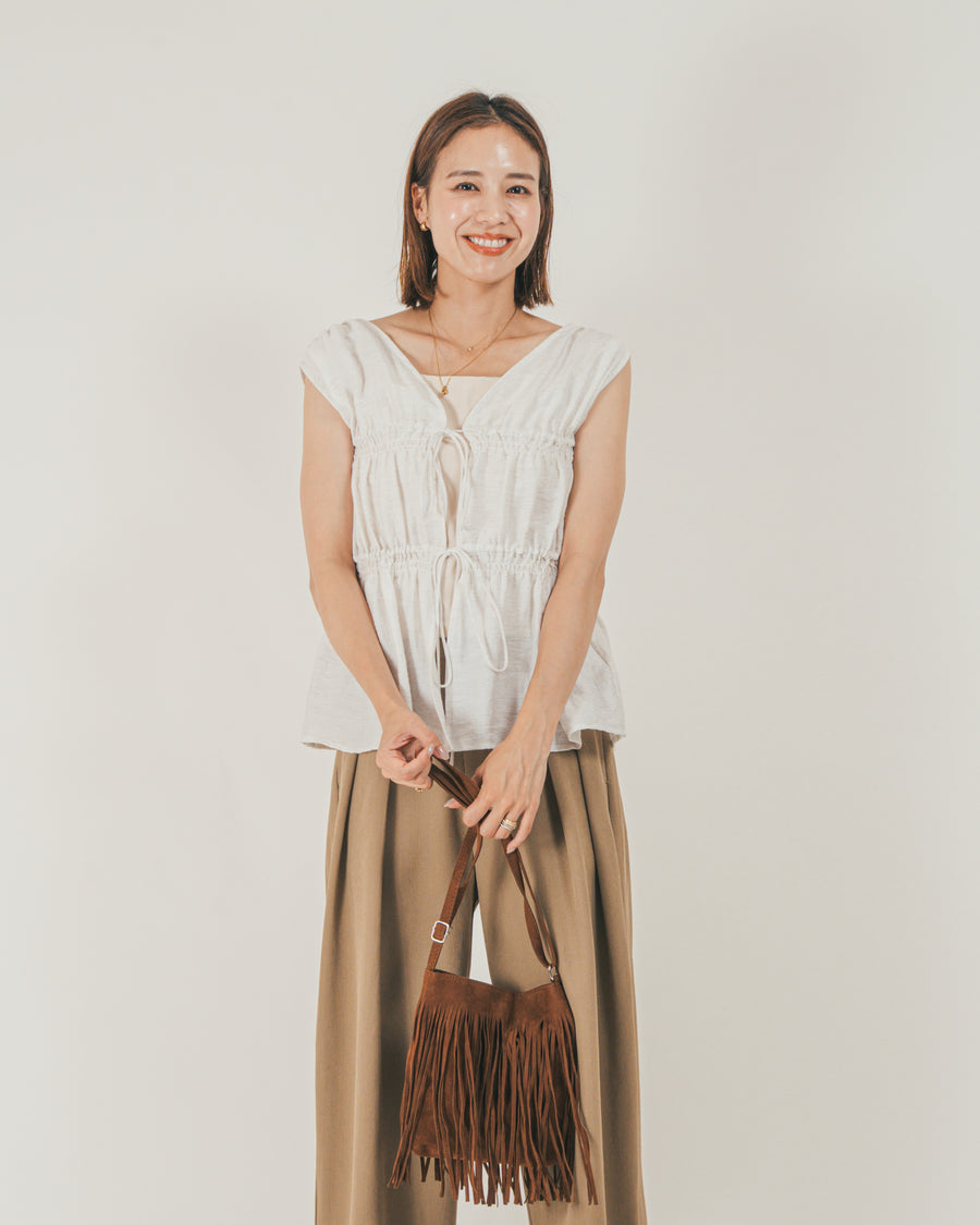 ［SET］リネンタッチShirringリボンブラウス + クレープデシン タックワイドパンツ（2SET）