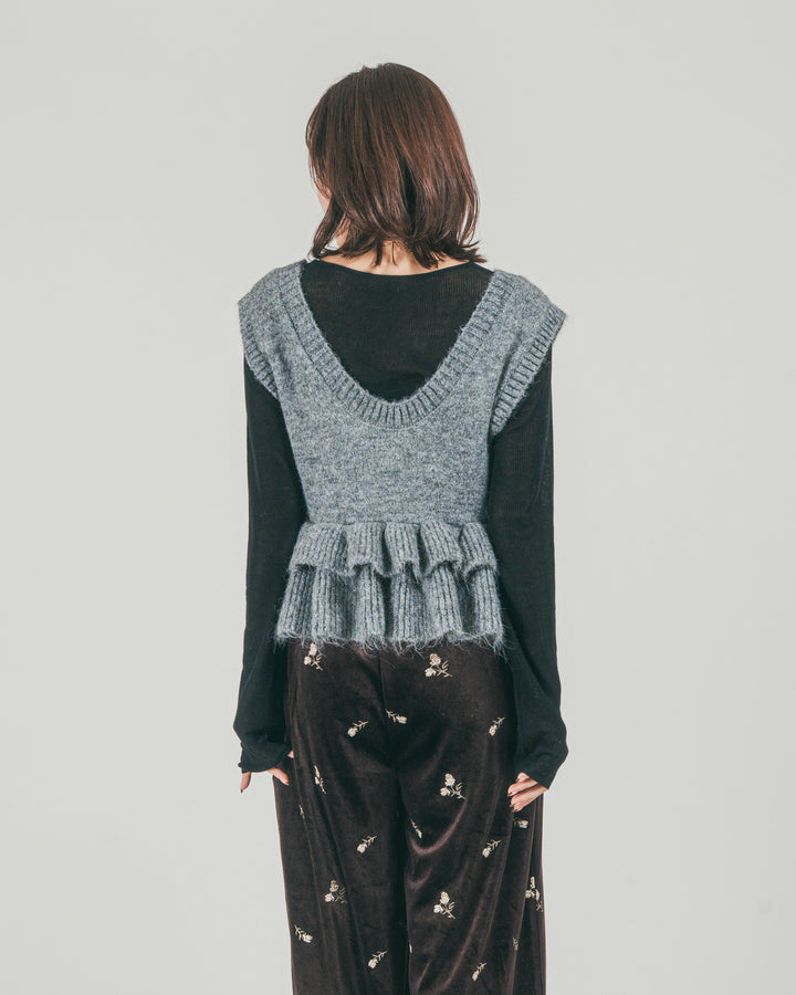 ［SET］2Way モヘアダブルFrillベスト + Flower刺繍 ベロアパンツ（2SET）