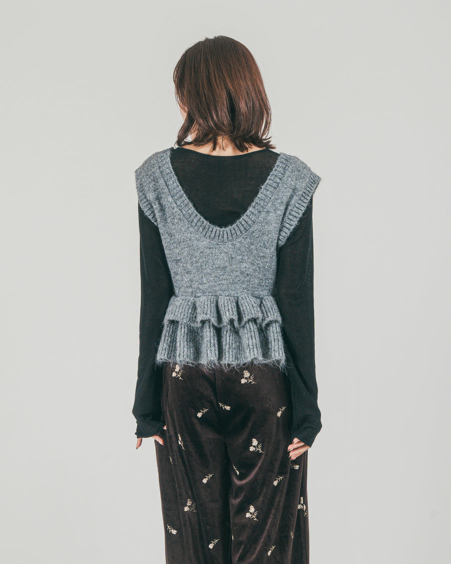 ［SET］2Way モヘアダブルFrillベスト + Flower刺繍 ベロアパンツ（2SET）