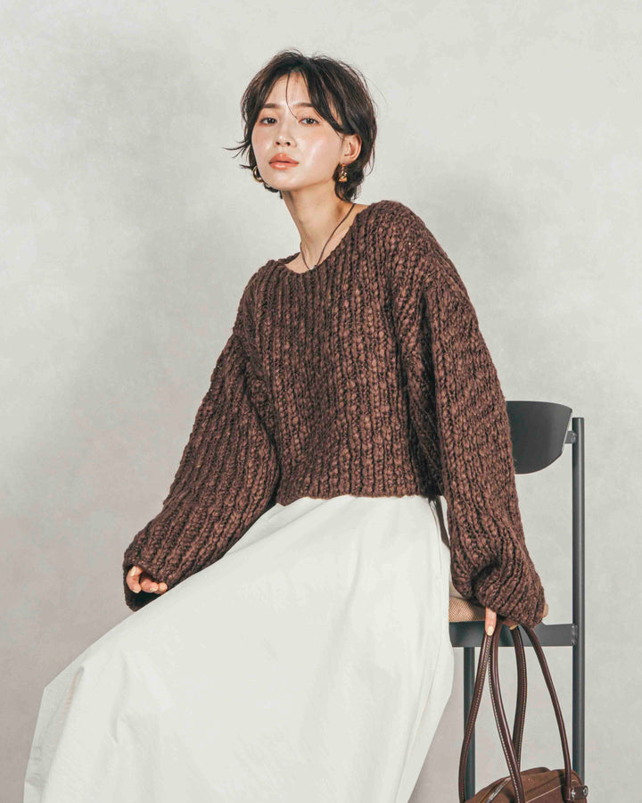 ボリュームチャンキースラブ クロップドニット (BROWN)