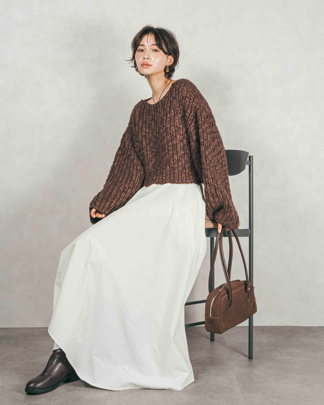 ［SET］ボリュームチャンキースラブ クロップドニット+アシメFlareタックスカート（2SET）