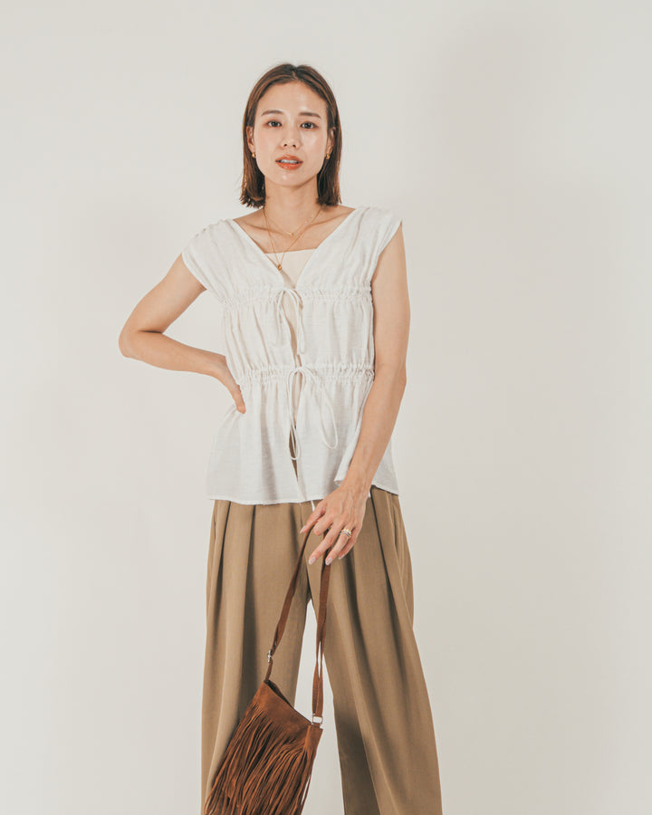 ［SET］リネンタッチShirringリボンブラウス + クレープデシン タックワイドパンツ（2SET）