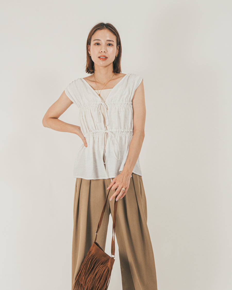 ［SET］リネンタッチShirringリボンブラウス + クレープデシン タックワイドパンツ（2SET）