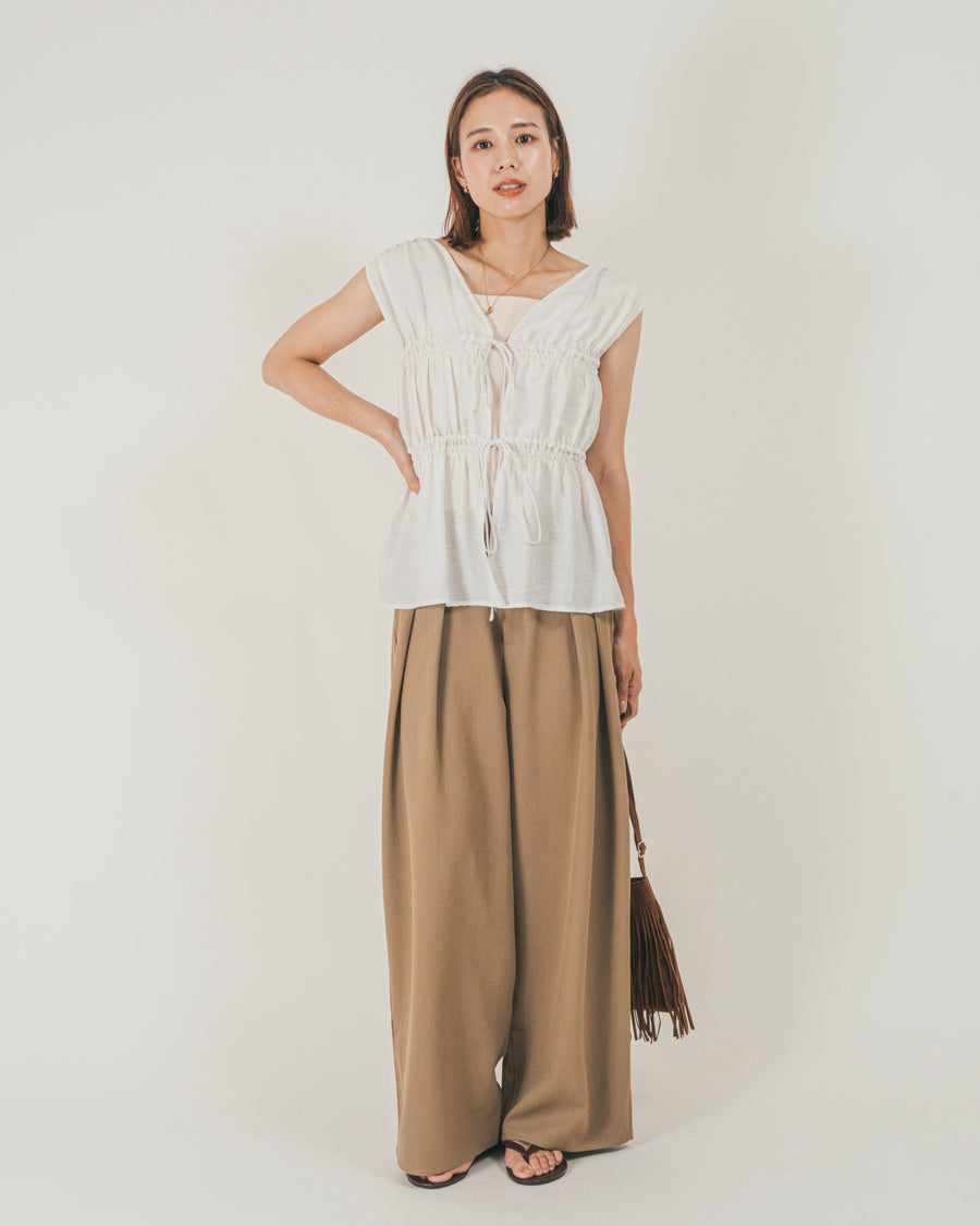 ［SET］リネンタッチShirringリボンブラウス + クレープデシン タックワイドパンツ（2SET）