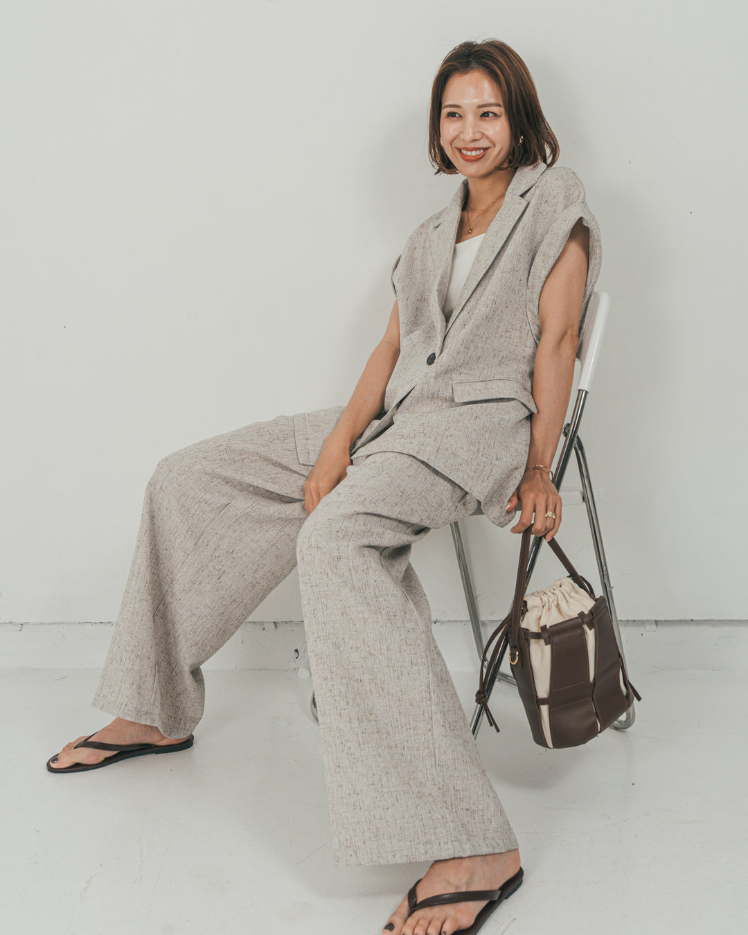 ［SET］Tweedノースリティアードタンクトップ + Tweedテイラードジレ + Tweedダブルタックパンツ（3SET）