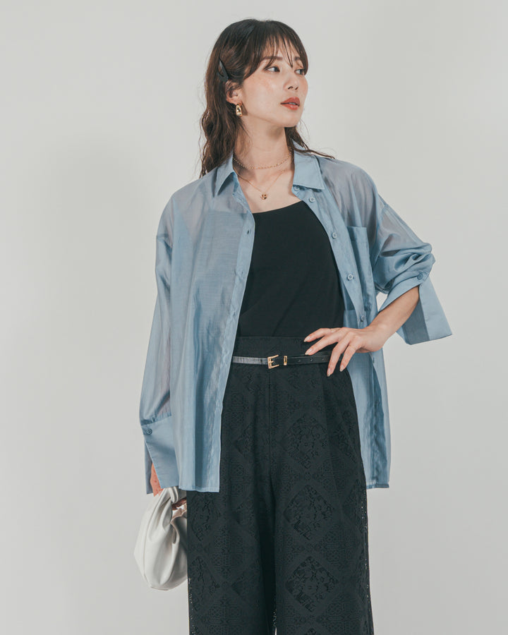 ［SET］Clear Sheer オーバーシャツ + Blockレース　ストレートパンツ（2SET）