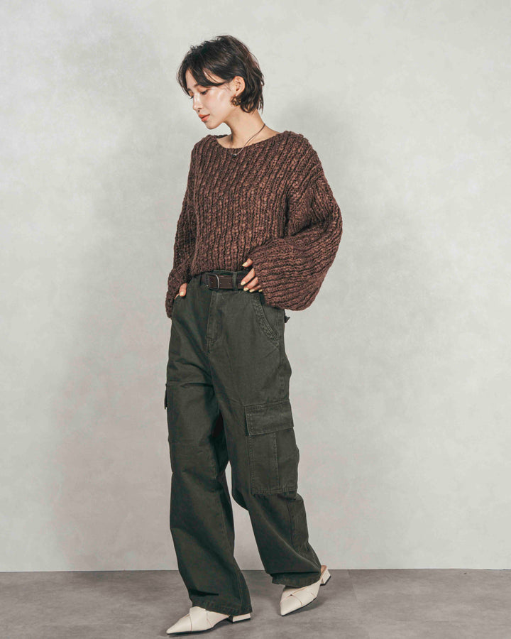 ［SET］ボリュームチャンキースラブ クロップドニット+ピグメントツイルカーゴパンツ（2SET）