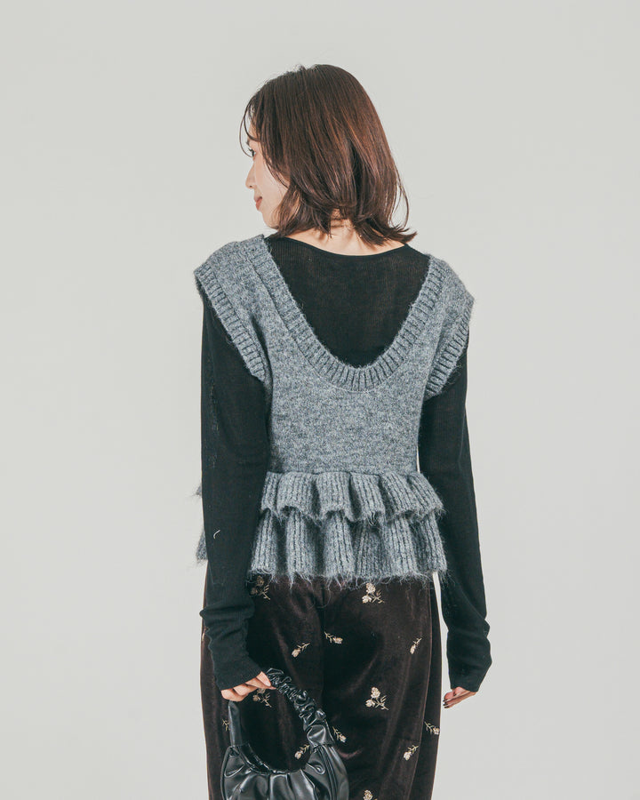 ［SET］2Way モヘアダブルFrillベスト + Flower刺繍 ベロアパンツ（2SET）