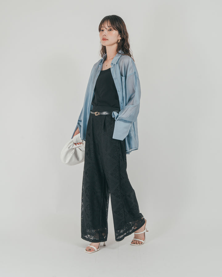［SET］Clear Sheer オーバーシャツ + Blockレース　ストレートパンツ（2SET）