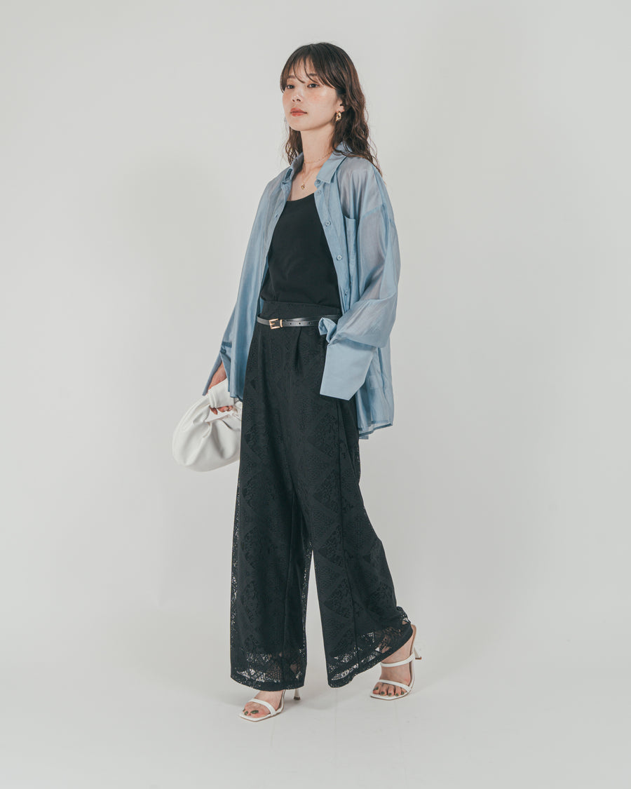 ［SET］Clear Sheer オーバーシャツ + Blockレース　ストレートパンツ（2SET）