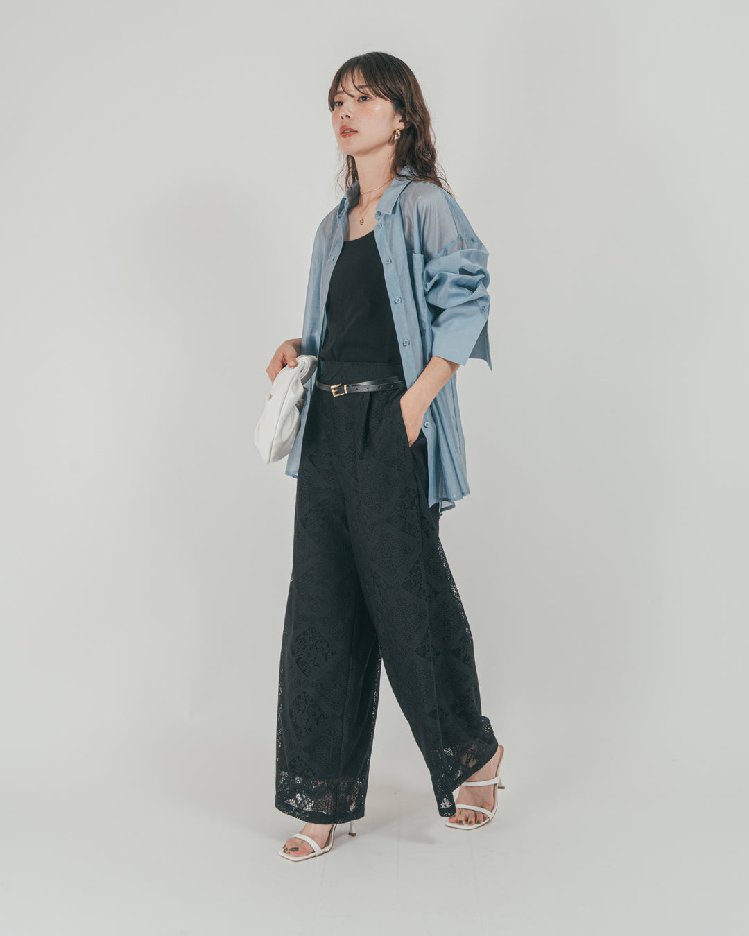 ［SET］Clear Sheer オーバーシャツ + Blockレース　ストレートパンツ（2SET）