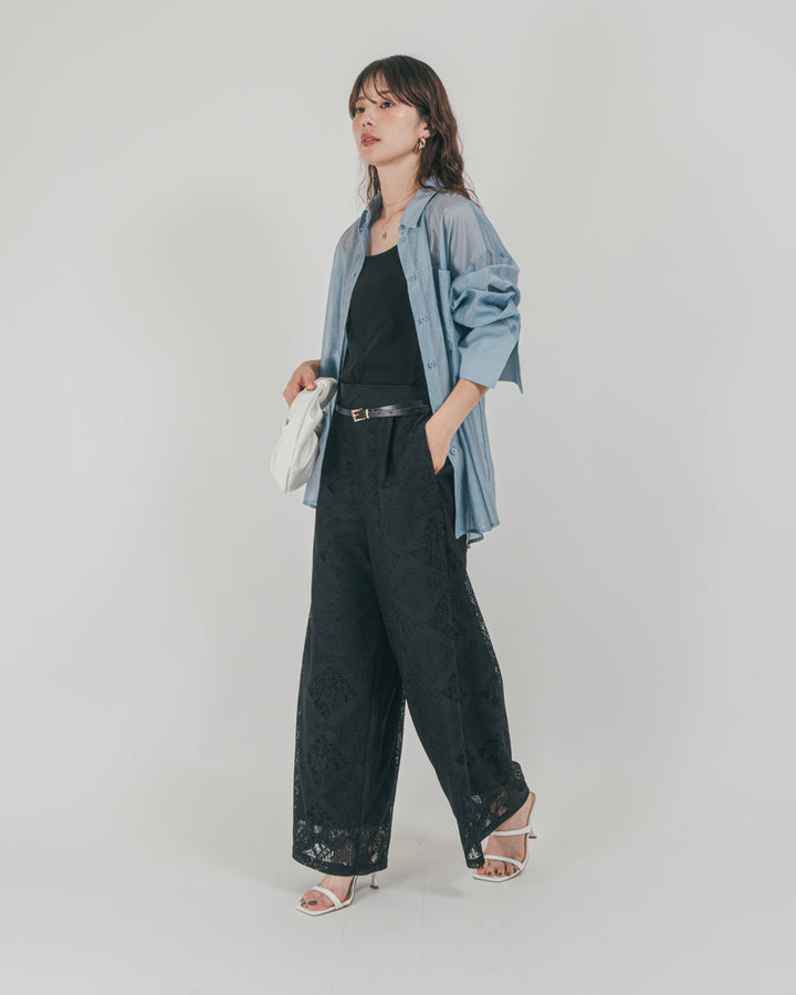 ［SET］Clear Sheer オーバーシャツ + Blockレース　ストレートパンツ（2SET）