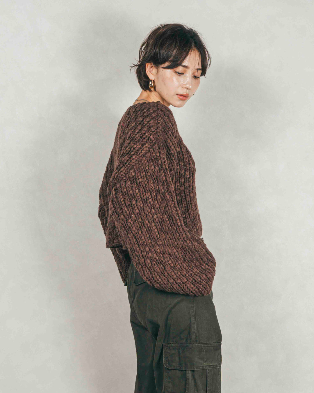 ボリュームチャンキースラブ クロップドニット (BROWN)