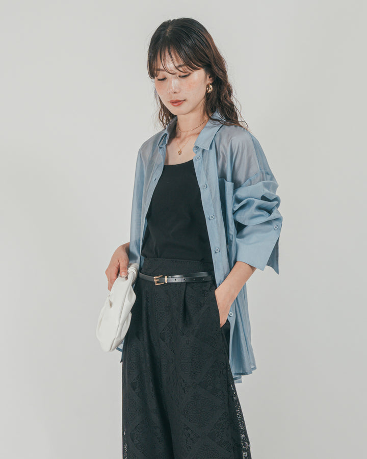 ［SET］Clear Sheer オーバーシャツ + Blockレース　ストレートパンツ（2SET）