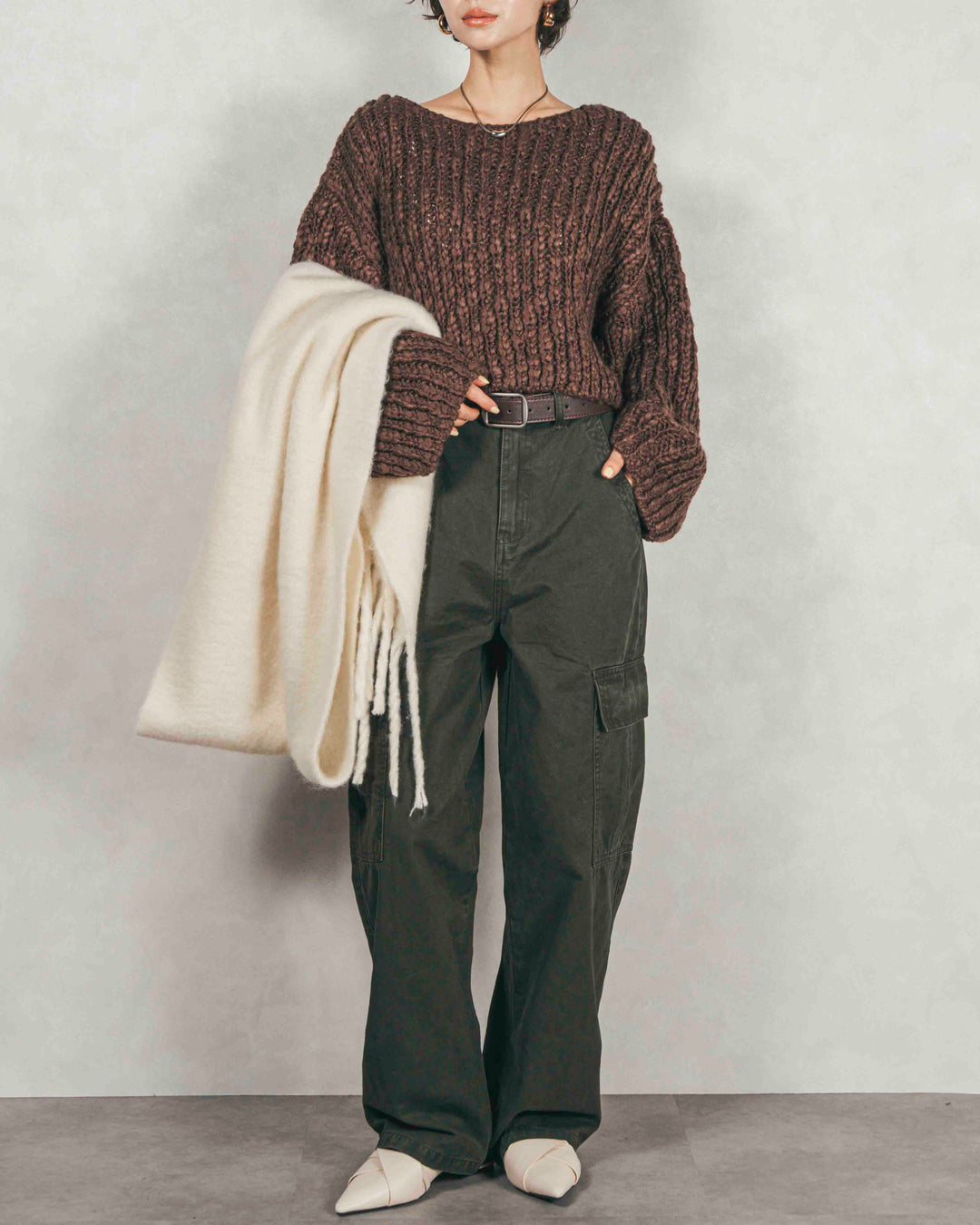 ボリュームチャンキースラブ クロップドニット (BROWN)