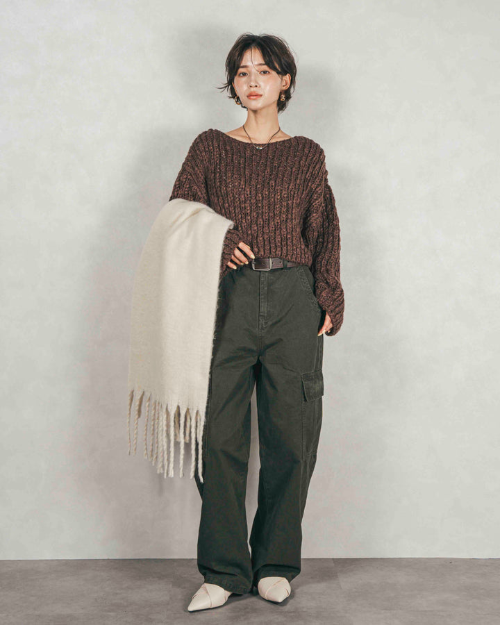 ［SET］ボリュームチャンキースラブ クロップドニット+ピグメントツイルカーゴパンツ（2SET）