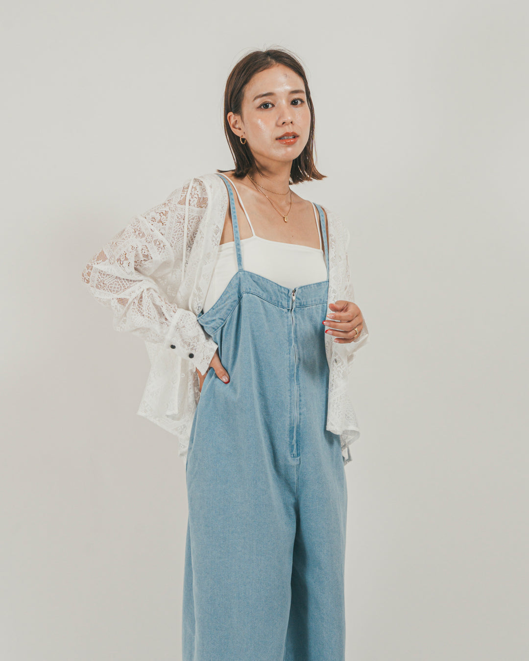 ［SET］接触冷感 10ozデニムオールインワン + Blockレース　フーディーブラウス（2SET）