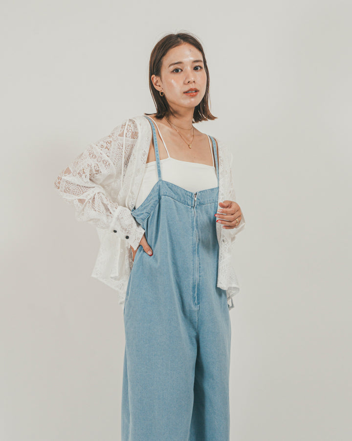 ［SET］接触冷感 10ozデニムオールインワン + Blockレース　フーディーブラウス（2SET）