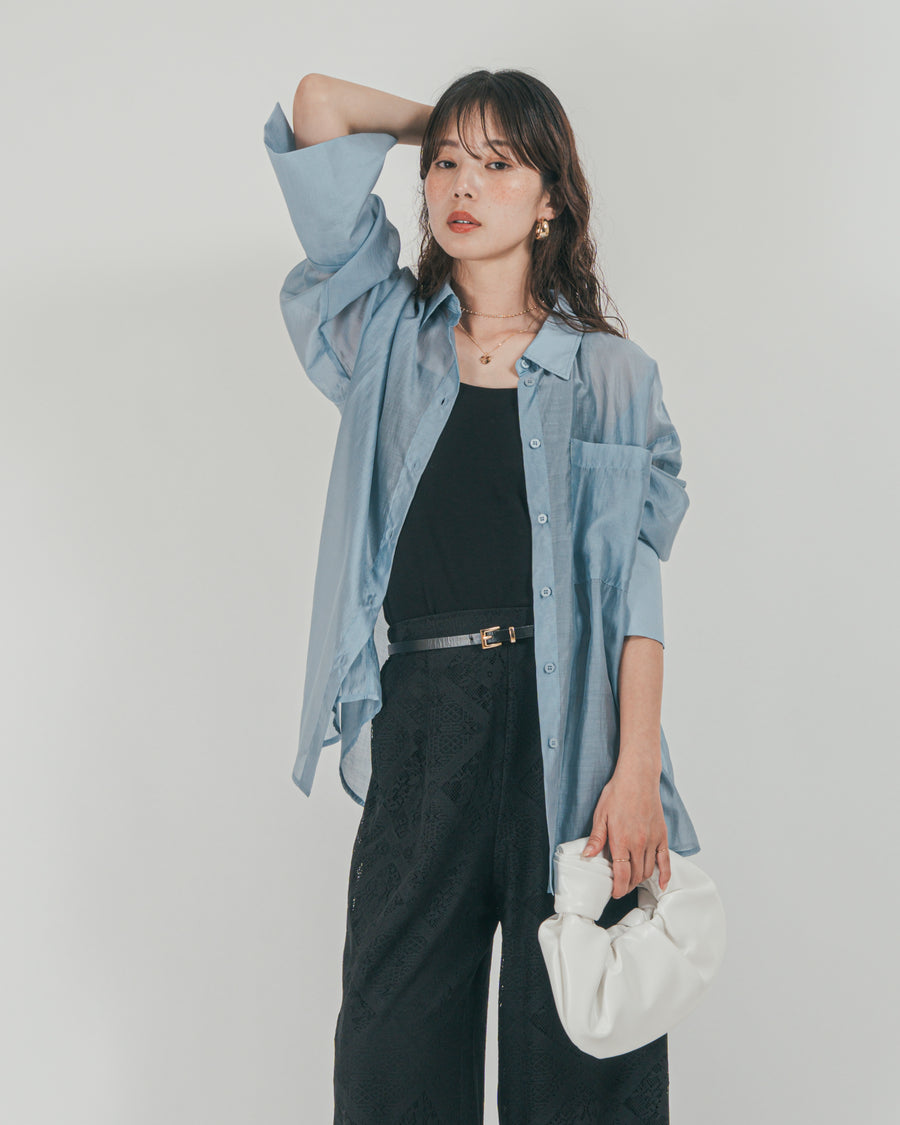 ［SET］Clear Sheer オーバーシャツ + Blockレース　ストレートパンツ（2SET）